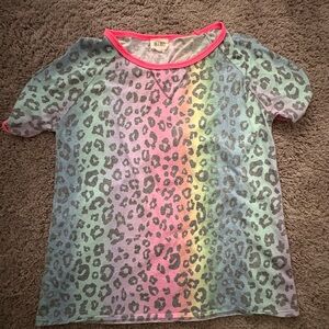 BiBi Rainbow Leopard Print Tee with Hot Pink Trim